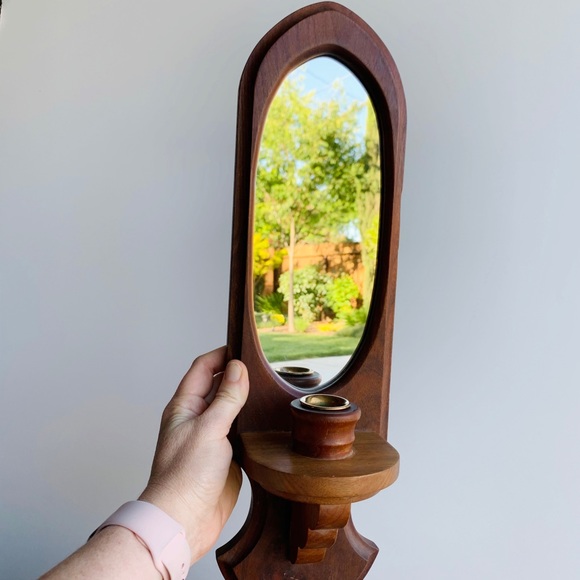 Vintage Wood Mirror Candle Holder Wall Mounted